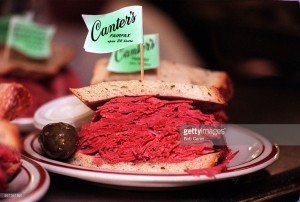 ME.Canters.3.0112.BC.1–––Canter's Deli celebrated its 50th anniversary by offering corned beef sandwiches like this one for the 1048 price of 50 cents. Photo taken 1/12/98.Photo/Art by:Bob Carey